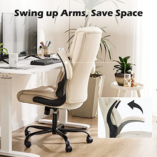JHK Executive High Back Big and Tall Leather Office Desk Chairs with Flip Up Arms Ergonomic Lumbar Support, Adjustable Height,Wheels, Soft Padded, Black, Cream