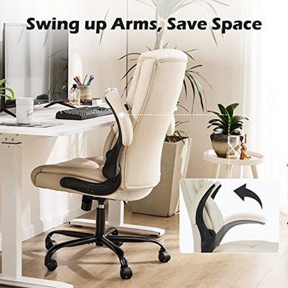 JHK Executive High Back Big and Tall Leather Office Desk Chairs with Flip Up Arms Ergonomic Lumbar Support, Adjustable Height,Wheels, Soft Padded, Black, Cream