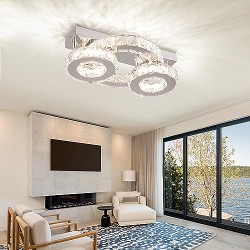 Zenouidle Dimmable Crystal Chandelier Modern Crystal Ceiling Light 3 Rings LED Flush Mount Celiling Light Fixture for Dining Room Bedroom Living Room