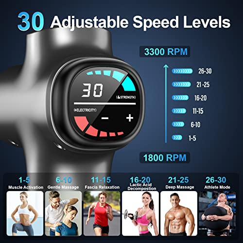 ZonGym Massage Gun Deep Tissue, Percussive Muscle Massager, 30 Speeds Quiet Brushless Motor Handheld Massager for Muscle Neck Back Shoulder, LCD Touch Screen, 6 Heads and Carrying Case (Bright Gray)