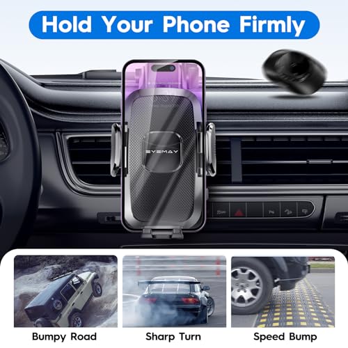 Eyemay 2023 Upgraded Phone Holder Car - [ Bumpy Roads Friendly ] Phone Mount for Car Dashboard Windshield Air Vent 3 in 1, Hand Free Mount for iPhone 15 14 13 12 Pro Max Samsung All Cell Phones