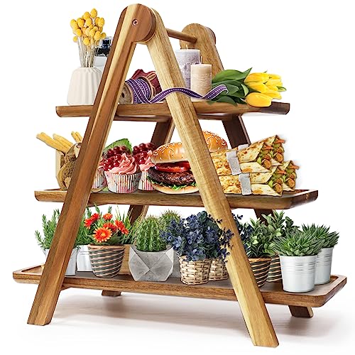 Wooden 3 Tier Serving Tray, Solid Acacia Wood Serving Trays（max 14 x 5.5 in or Home Decor, Food, Vegetables, Fruit, Charcuterie, Appetizer Serving Tray, Cheese Board (Set of 3 Plates)