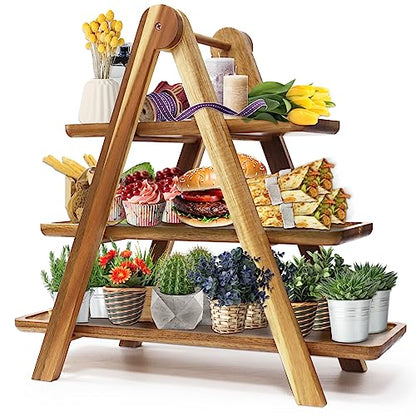 Wooden 3 Tier Serving Tray, Solid Acacia Wood Serving Trays（max 14 x 5.5 in or Home Decor, Food, Vegetables, Fruit, Charcuterie, Appetizer Serving Tray, Cheese Board (Set of 3 Plates)