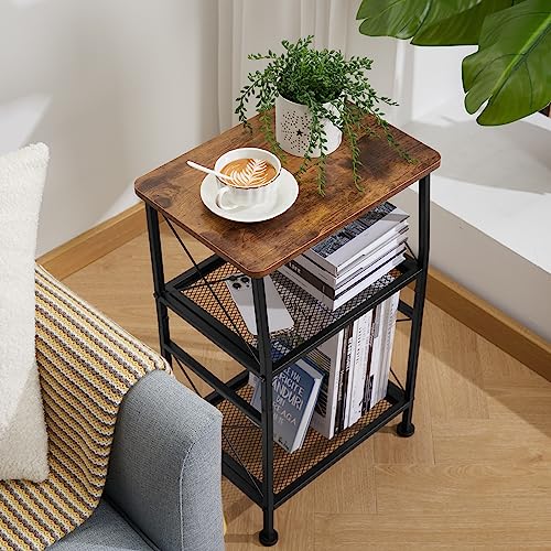 ruboka 3-Tier Small End Tables,Narrow Side Table with Steel Grid Storage Shelves,Slim Nightstand X-Design Sofa Side Table Small Bookshelf Bookcase,Display Rack for Living Room,Bedroom,Rustic Brown