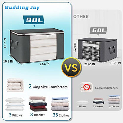 90L Large Storage Bags, 6 Pack Clothes Storage Bins Foldable Closet Organizer Storage Containers with Durable Handles Thick Fabric for Clothing, Blanket, Comforters, Bed Sheets, Pillows and Toys (Gray)