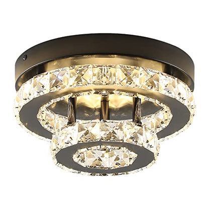ECOBRT Mini Crystal Chandeliers Modern Black Flush Mount Ceiling Light Surface Mount Led Ceiling Light Bedroom Ceiling Lights Indoor 9.8" Diameter Black 3000K