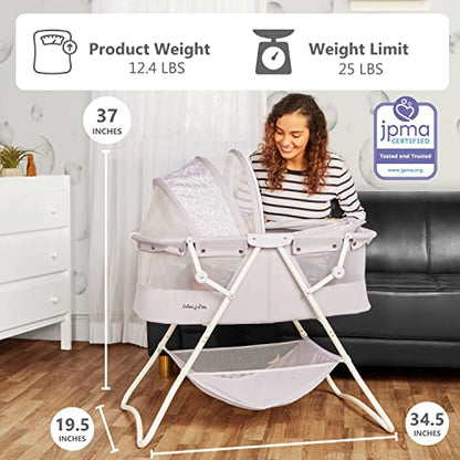 Dream On Me Karley Bassinet in Cool Grey, Lightweight Portable Baby Bassinet, Quick Fold and Easy to Carry , Adjustable Double Canopy, Indoor and Outdoor Bassinet with Large Storage Basket.