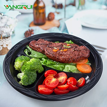 YANGRUI Reusable Plastic Plate, 9 Inch 3 Compartments 150 Pack Food Grade Material BPA Free Black Dinner Plates
