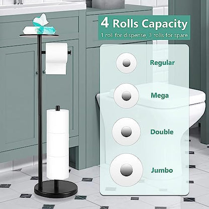 Toilet Paper Holder Stand, Bathroom Free Standing Toilet Roll Holder with Top Shelf for Phone/Wipes, Dispenser and Reserve for 4 Rolls, Black, Housen Solutions