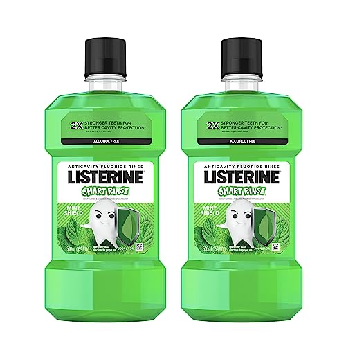 Listerine Smart Rinse Kids Mouthwash, ADA Accepted, Alcohol-Free Anticavity Sodium Fluoride Mouthwash, Oral Rinse for Dental Cavity Protection, Mint Shield Flavor, Convenience Pack, 2 x 500 mL