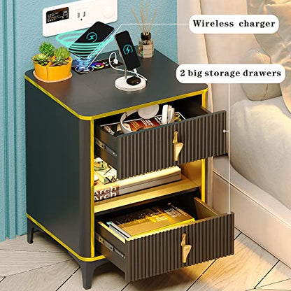 Nightstand Bedside Table with Charging Station: Smart Night Stand with Auto Sensor RGB 20 Color Dimmable for Bedroom Furniture - Modern End Side Table wth LED Lights & 2 Drawers