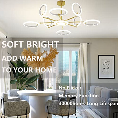 OUQI Ceiling Light Fixture,Modern 8 Lights Fixtures Ceiling Mount, Matte Gold Finish,7000K Dimmable Ceiling Lights with Remote DIY Light Fixture LED Chandelier for Bedroom Living Room Kitchen