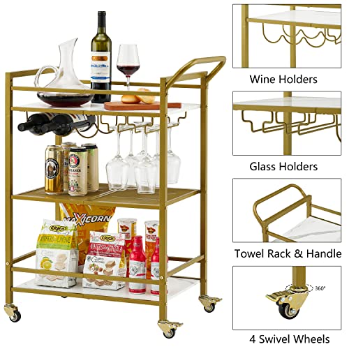 Tajsoon 3-Tier Bar Cart, Mobile Bar Serving Cart, Industrial Style Wine Cart for Kitchen, Beverage Cart with Wine Rack and Glass Holder, Rolling Drink Trolley for Living Room, Gold & White