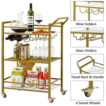 Tajsoon 3-Tier Bar Cart, Mobile Bar Serving Cart, Industrial Style Wine Cart for Kitchen, Beverage Cart with Wine Rack and Glass Holder, Rolling Drink Trolley for Living Room, Gold & White