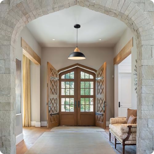 Karjearl Black Industrial Pendant Light, Farmhouse Wood Hanging Light Fixture with Wood Pattern Shade, Modern Dome Pendant Light for Kitchen Island Dining Room Hallway Bedroom