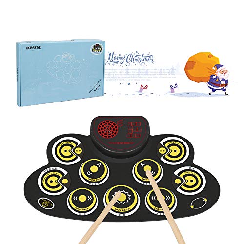 Electronic Drum Set Kids Foldable Practice Drum Pad Rechargeable Drum Kit, Built in Speakers Foot Pedals,Drum Sticks, Birthday Gift for Beginners (Yellow)