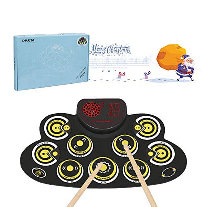 Electronic Drum Set Kids Foldable Practice Drum Pad Rechargeable Drum Kit, Built in Speakers Foot Pedals,Drum Sticks, Birthday Gift for Beginners (Yellow)
