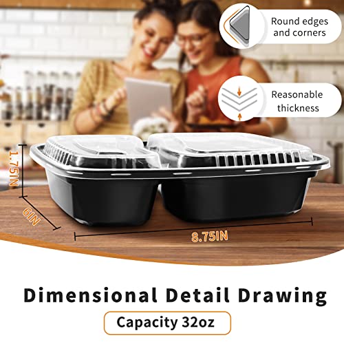 JUJEKWK Meal Prep Containers 50 Pack, 2 Comparment Storage Container with 32 Oz, Food Grade Container, BPA Free,Stackable, Microwave/Dishwasher/Freezer Safe