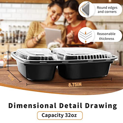 JUJEKWK Meal Prep Containers 50 Pack, 2 Comparment Storage Container with 32 Oz, Food Grade Container, BPA Free,Stackable, Microwave/Dishwasher/Freezer Safe