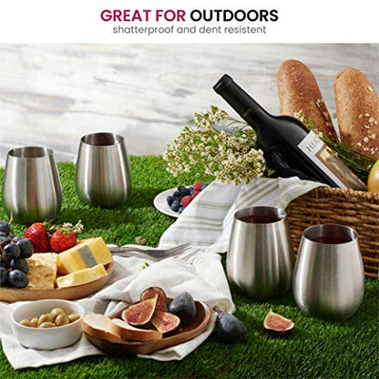 Stainless Steel Unbreakable Wine Glasses - 18 Ounce Set of 4 Wineglasses. Premium-Grade 18/8 Stainless Steel Red & White Stemless Wineglasses set, Portable Wine Tumbler, for Outdoor Events, Picnics