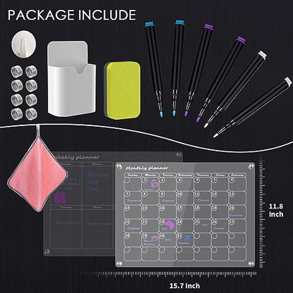 Acrylic Magnetic Calendar for Fridge Monthly & Weekly Dry Erase Board Magnetic Fridge Calendar, 2 Set Clear Reusable Planner Whiteboard Calendar 16"x12" with 6 Markers/Pen Holder/Eraser/Towel/Hook