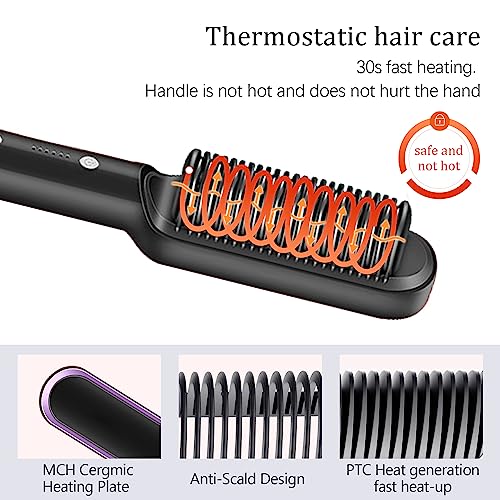 Hair Straightener Brush 30s Fast Heating Anti-Scald,Negative Ion Styling Comb, 2 in 1 Hair Straightener Brush and Curler with 5 Temp, Portable Electric Straightening Comb Heated Hair Brush(Black)