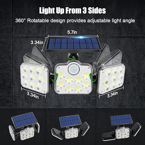 YBING Outdoor Solar Lights, Solar Powered Outdoor Lights Waterproof Solor Light with Motion Sensor, 3 Adjustable Heads, 270° Wide Angle for Garage Patio Porch Garden Yard （2 Pack）