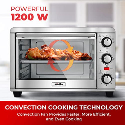 Mueller AeroHeat Convection Toaster Oven, 8 Slice, Broil, Toast, Bake, Stainless Steel Finish, Timer, Auto-Off - Sound Alert, 3 Rack Position, Removable Crumb Tray, Accessories and Recipes