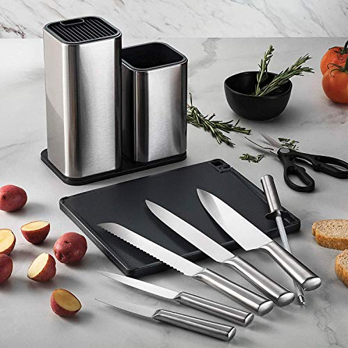 10-Piece Stainless-Steel Kitchen Knife Set - Newly Innovative Knifes Set with Utensil Holder - 5 Stainless-Steel Knives - Knife Sharpener - Kitchen Scissors - Cutting Board- Knife Block holder