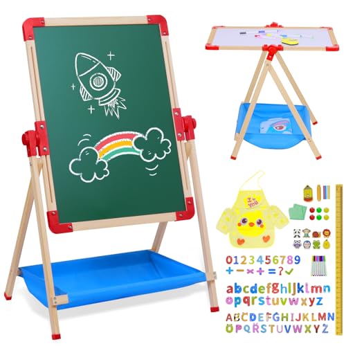 JHTOPJH Art Easel for Kids Magnetic Wooden Double Sided Standing Toddlers Chalkboard - 360°Rotating Easel for Toddler Drawing Christmas Birthday Gift for 2-4 Years 15"x18.9"