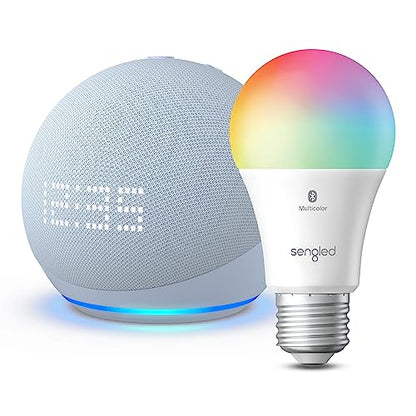 Echo Dot (5th Gen) with Clock | Cloud Blue with Sengled Bluetooth Color Bulb | Alexa smart home starter kit