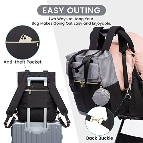 LOVEVOOK Diaper Bag Backpack,Diaper Bag Tote with Insulated Pockets,Baby Bag for Girl Boy with Changing Pad,Large Baby Diaper Bag with Pacifier Case,Anti-Theft Travel Backpack for Women,Black Gray