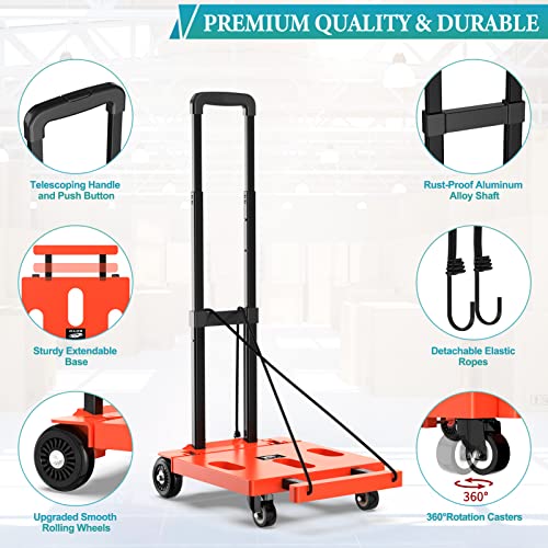 SOYO Folding Hand Truck, 265 LB Capacity Dolly Cart for Moving, Heavy Duty Fold Up Shifter Trolley Collapsible Portable Luggage Cart with 4 Wheels for Travel Shopping Office Use, Orange