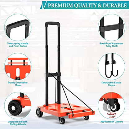 SOYO Folding Hand Truck, 265 LB Capacity Dolly Cart for Moving, Heavy Duty Fold Up Shifter Trolley Collapsible Portable Luggage Cart with 4 Wheels for Travel Shopping Office Use, Orange