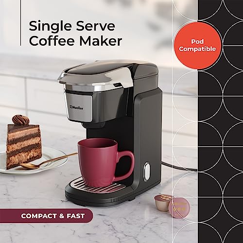 Mueller Single Serve Coffee Maker, Coffee Machine for Pod Coffee, 10 oz Water Tank, Quick Brewing, One Touch Operation, Compact for Home, Office, RV, Black