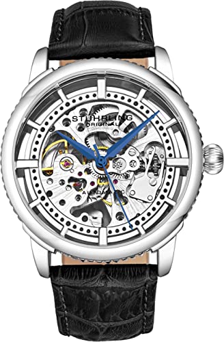 Stuhrling Original Mens Automatic Watch Skeleton Stainless Steel Self Winding Dress Watch with Premium Leather Band Legacy Collection (Silver)