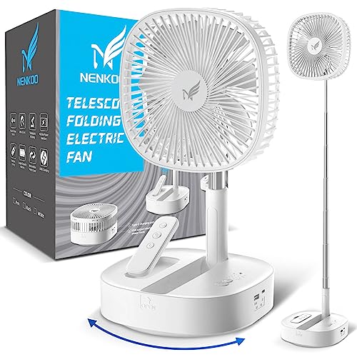 Nenkoo Battery Operated Fan, 8" Portable Oscillating Travel Fan 12500mAh with 4 Speed Timing Remote Control, White Desk Fan, Table Fan Adjustable Height 14.6"-40.2", Retractable Fan Travel Cruise
