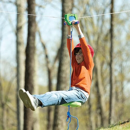 HearthSong 100-Foot Green Galvanized Steel Backyard Zipline Kit, Adjustable/Removable Seat, Rubber Brake for Safety, Non-Slip Handles, Fully Enclosed Carriage, 250 lbs., Ages 8 and Up