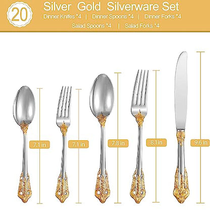 Runfly Gorgeous Baroque Silver Gold 18/10 Stainless Steel 20 Pieces Flatware Set, Anti-rust Stainless Steel Gold Cutlery Set Utensils Including Fork Spoon and Knife with Gift Box