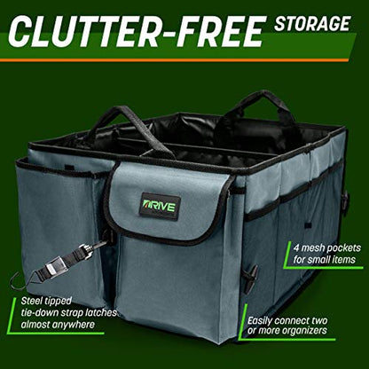 DRIVE AUTO PRODUCTS - Compact Black Car Trunk Organizer with Adjustable Straps