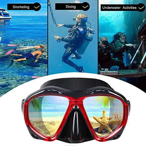 Snorkel Diving Mask Panoramic HD Swim Mask, Anti-Fog Scuba Diving Goggles,Tempered Glass Dive Mask Adult Youth Swim Goggles with Nose Cover for Diving, Snorkeling, Swimming (A-Black Red)