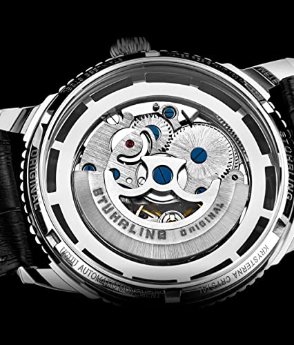 Stuhrling Original Mens Automatic Watch Skeleton Stainless Steel Self Winding Dress Watch with Premium Leather Band Legacy Collection (Silver)