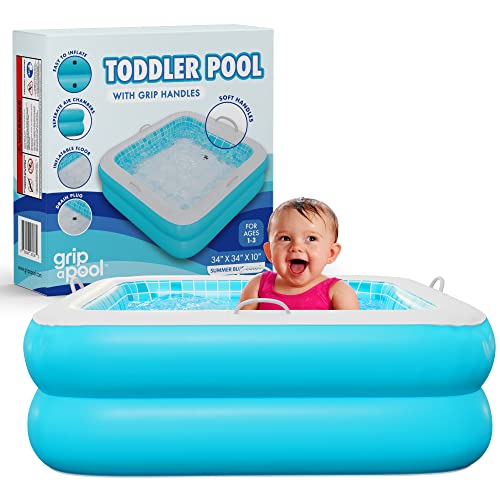 Inflatable Baby Pool with Blow Up Padded Floor, Grip Handle Bars and Drain - Skin Safe Small Square Kiddie Pool, Mini Bathtub and Ball Pit for Babies, Infants and Toddlers 1-3, 34" Summer Blue