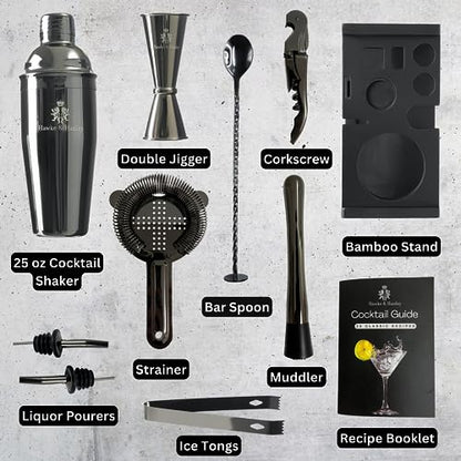 Hawke & Hanley Mixology Bartender Kit: Cocktail Shaker Bar Set with a Martini Shaker, Bar Tools and Black Bamboo Stand | Bartending Kit with Recipe Book | Unique Housewarming Gift (Black)