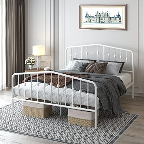 FUIOBYVV Metal Bed Frame Queen Size Platform with Vintage Headboard and Footboard Sturdy Premium Steel Slat Support Mattress Foundation No Box Spring Needed White