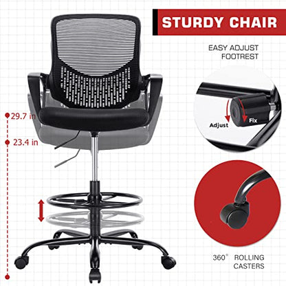 HOMEFLA Mid-Back Mesh Drafting Chair - Tall Office Chair with Armrest Standing Desk Chair Counter Height with Adjustable Foot Ring (Black)