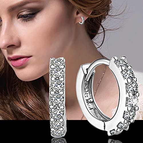 Silver Huggie Hoop Earrings, 925 Sterling Silver 14K Gold Plated Cubic Zirconia Cuff Earrings for Women Girls, Sparkle Hypoallergenic 13mm Small Cartilage Piercing Stud- Silver