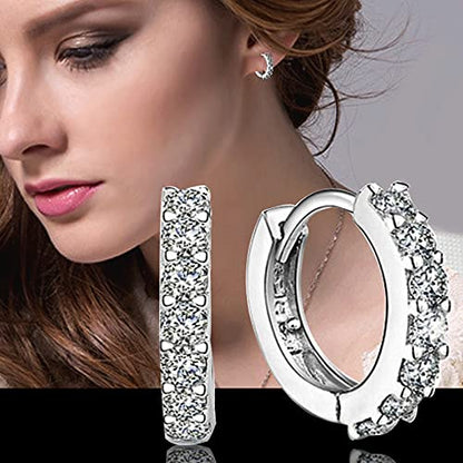 Silver Huggie Hoop Earrings, 925 Sterling Silver 14K Gold Plated Cubic Zirconia Cuff Earrings for Women Girls, Sparkle Hypoallergenic 13mm Small Cartilage Piercing Stud- Silver