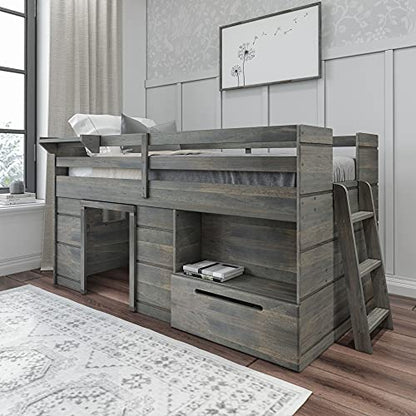 Max & Lily Modern Farmhouse Low Loft Bed, Twin Bed Frame for Kids with 1 Drawer, Driftwood