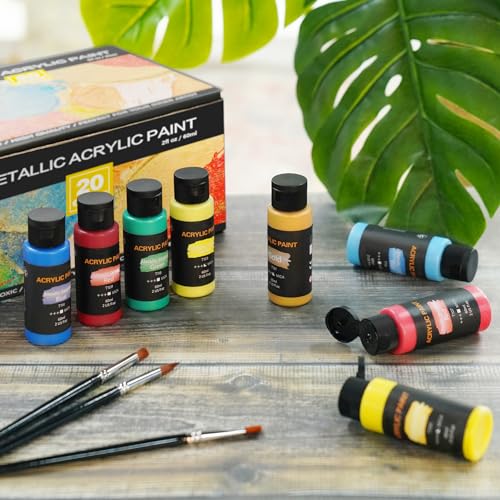 Metallic Acrylic Paint Set with 12 Brushes, Metallic Acrylic Paint Sets with 20 Colors (60ml, 2oz), Acrylic Paint Set for Artists, Beginners on Rocks, Canvas, Wood, Fabric